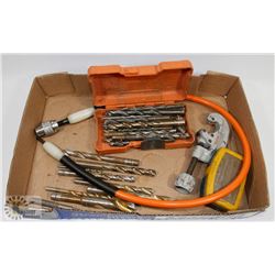 FLAT OF VARIOUS DRILL BITS, RIDGID PIPE CUTTER,