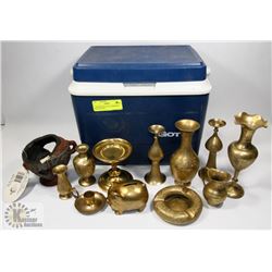 COOLER WITH LOT OF ASSORTED BRASS DECOR.