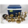 Image 1 : COOLER WITH LOT OF ASSORTED BRASS DECOR.