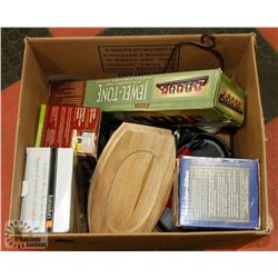 BOX OF ASSORTED HOUSEHOLD INCL IRON, CANDLE