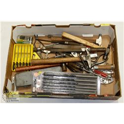 BOX OF ASSORTED TOOLS.