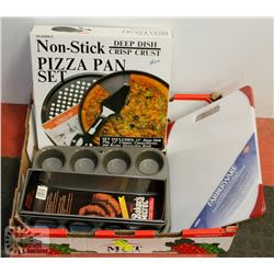 BOX OF BAKING PANS. PIZZA PAN, AND CUTTING BOARD