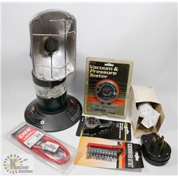 FLAT WITH COLEMAN HEATER AND ASSORTED GAUGES