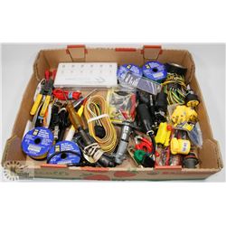 FLAT OF ASSORTED ELECTRICAL PLUGS, WIRE AND MORE