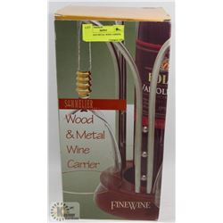 WOOD AND METAL WINE CARRIER.