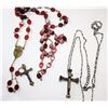 Image 1 : 2)  FLAT RED GLASS ROSARY WITH CRUCIFIX &
