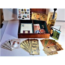 1)  WOODEN PICTURE JEWELLERY BOX & CONTENTS