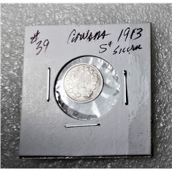 16)  CANADIAN 1913 SILVER FIVE CENT COIN