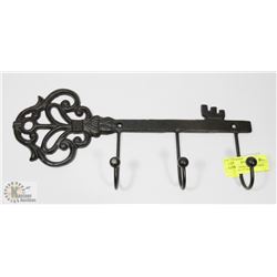 CAST IRON ANTIQUE KEY DESIGN WALL HOOKS, 15" WIDE