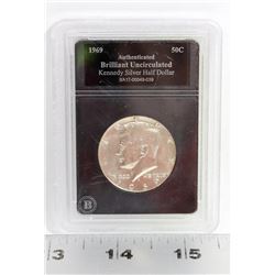 1969 AUTHENTICATED BU KENNEDY HALF DOLLAR COIN.