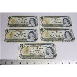 LOT OF FIVE 1973 CONSECUTIVE SERIAL # 1$ BILLS
