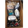 Image 1 : BOX WITH CHAIN SAW OIL AND ASSORTED BRAKE FLUID