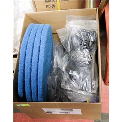 BOX OF NEW BUFFING PADS, RUBBER LATEX GLOVES AND