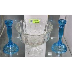 ESTATE LEAD CRYSTAL BOWL WITH 2 BLUE GLASS CANDLE