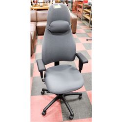 GREY FABRIC OFFICE CHAIR ON CASTORS.