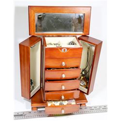 WOOD JEWELLERY BOX WITH CONTENTS