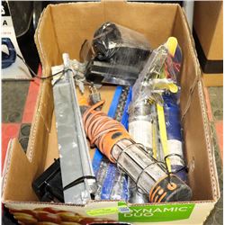 BOX OF CONSTRUCTION SUPPLIES AND 12V CAR CONVERTOR