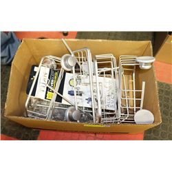 BOX OF BATHROOM ACCESSORY ORGANIZERS