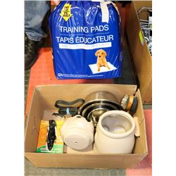 BOX OF ASSORTED DOG ACCESSORIES INCL 2 LEASHES, 3