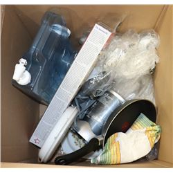 BOX OF ASSORTED HOUSEHOLD INCL MAGIC BULLET,