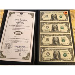 2009 Uncut Sheet 1 Dollar Bills with Certificate Signed by Treasurer