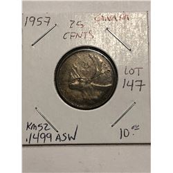 Nice 1957 Silver Canada 25 Cents .1499 ASW Book Number KM 52