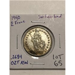Beautiful 1940 Silver Switzerland 2 Francs .2684 ASW