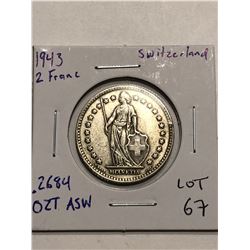 Beautiful 1943 Silver Switzerland 2 Francs .2684 ASW