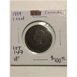Very Rare 1859 Canada One Cent Very Fine Grade