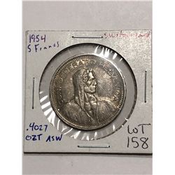 1954 Swittzerland Silver Large 5 Francs .4027 ASW