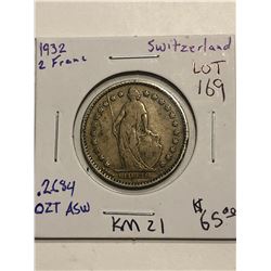 Rare 1932 Switzerland Silver 2 Francs .2684oz ASW