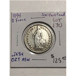 Very Rare Early 1894 Switzerland Silver 2 Francs .2684oz ASW