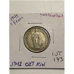 Beautiful 1945 Silver Switzerland 1 Franc .1342oz ASW