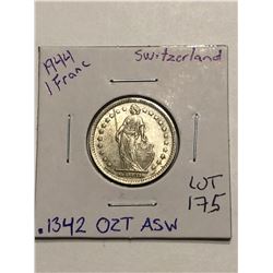 Beautiful 1944 Silver Switzerland 1 Franc .1342oz ASW
