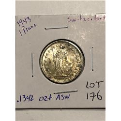 Beautiful 1944 WWII Silver Switzerland 1 Franc .1342oz ASW