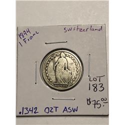 Beautiful 1894 Silver Switzerland 1 Franc .1342oz ASW