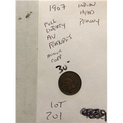Nice Full Liberty 1907 Indian Head Penny AU Features Grade minor corrosion