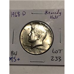 Beautiful 1968 D Silver Kennedy Half Dollar Brilliant Uncirculated MS+ High Grade