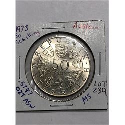 Beautiful 1973 Silver Austrian 50 Shillings .5787oz ASW Rare MS High Grade Coi