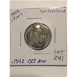 1945 Silver Switzerland 1 Franc .1342oz ASW Nice Coin