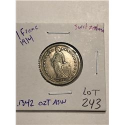 Rare 1914 Silver Switzerland 1 Franc .1342oz ASW Nice Coin