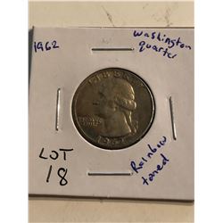 1962 P RAINBOW TONED Washington Silver Quarter Dollar Nice Early US Coin