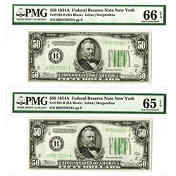 U.S. F.R.N., $50, Series 1934 A, Fr#2103-B (BA Block), High grade Sequential Pair.