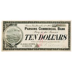 Parsons Commercial Bank, 1907 Cashier's Check Panic Currency.