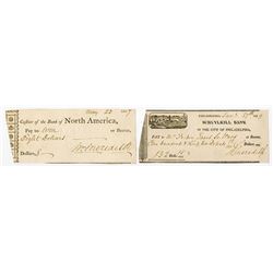 Lot of 2 Classic Checks, 1807 Bank of North America and 1829 Schuylkill Bank Signed by William Merid