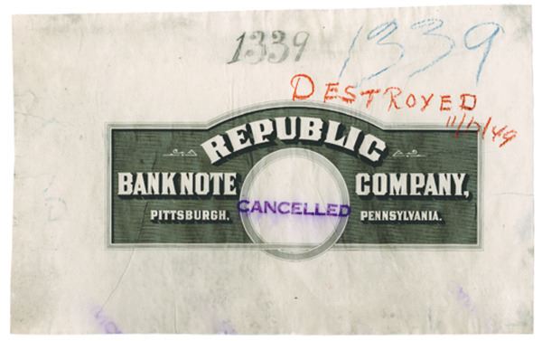 Republic Note From Legend Republic Bank Note Co., 1949 Box Label Impression Certifying the Plate ...