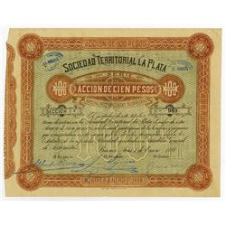 Sociedad Territorial La Plata, 1888 Issued Stock Certificate