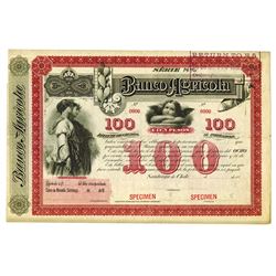 Banco Agricola, 1880's Specimen Coupon Bond.