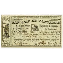 San Jose De Vantanas, 1864 Issued Stock Certificate.