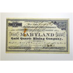 Maryland Gold Quartz Mining Co. 1888 Stock Certificate.